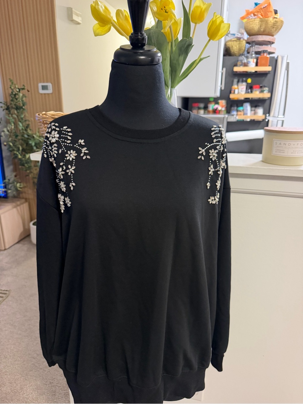 Black Embellished Shoulder Crewneck Sweatshirt